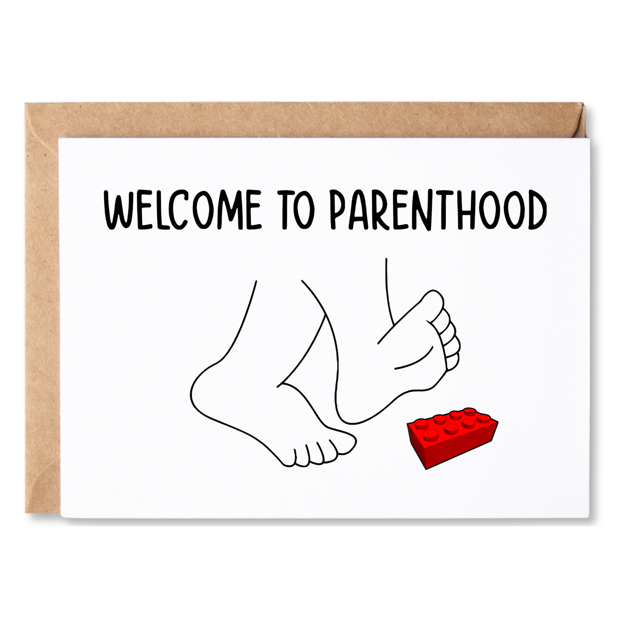 funny baby shower card | welcome to parenthood while stepping on a red building block brick | blank greeting card | INK052
