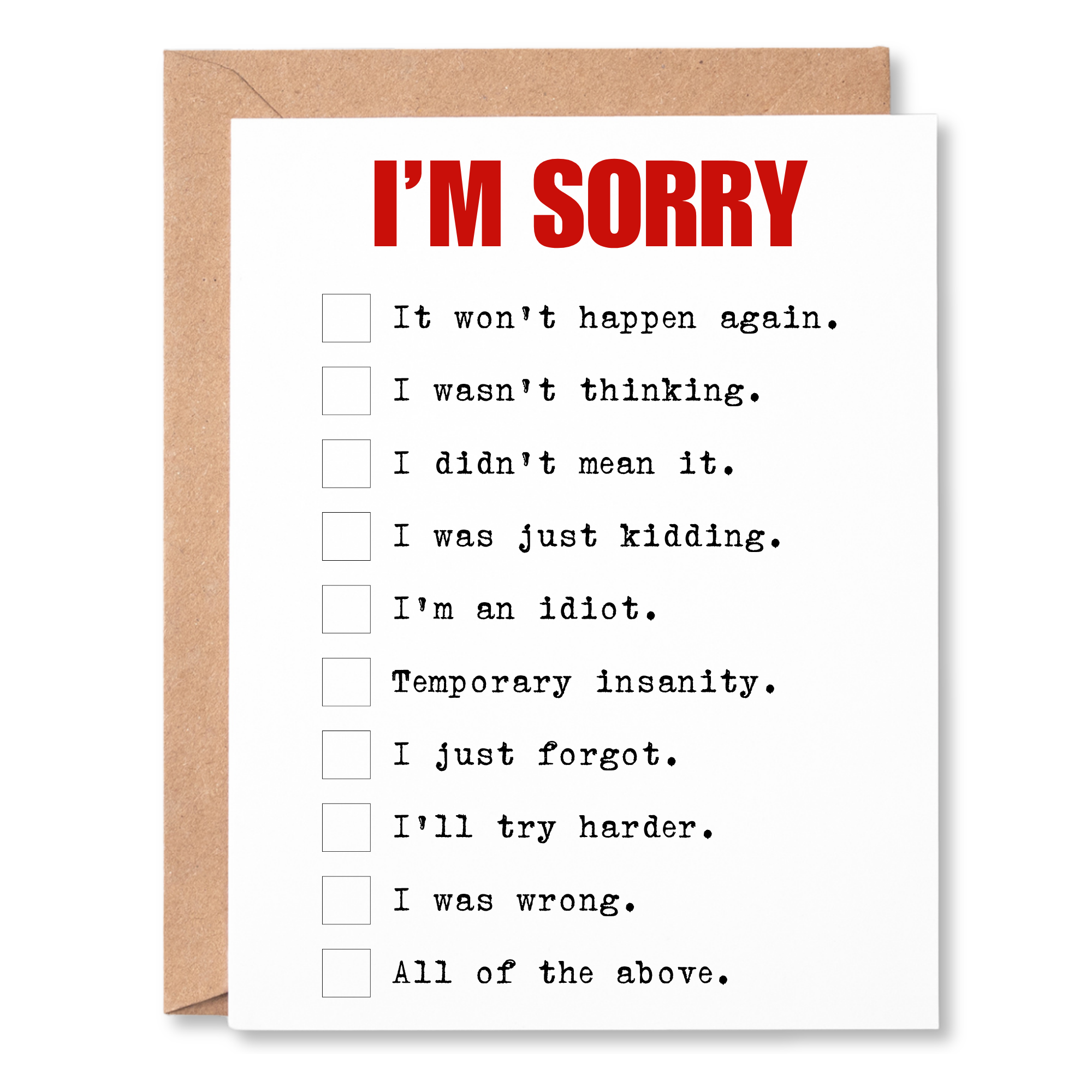 funny i'm sorry/apology card | i'm sorry fill in the box checklist | blank greeting card | INK158