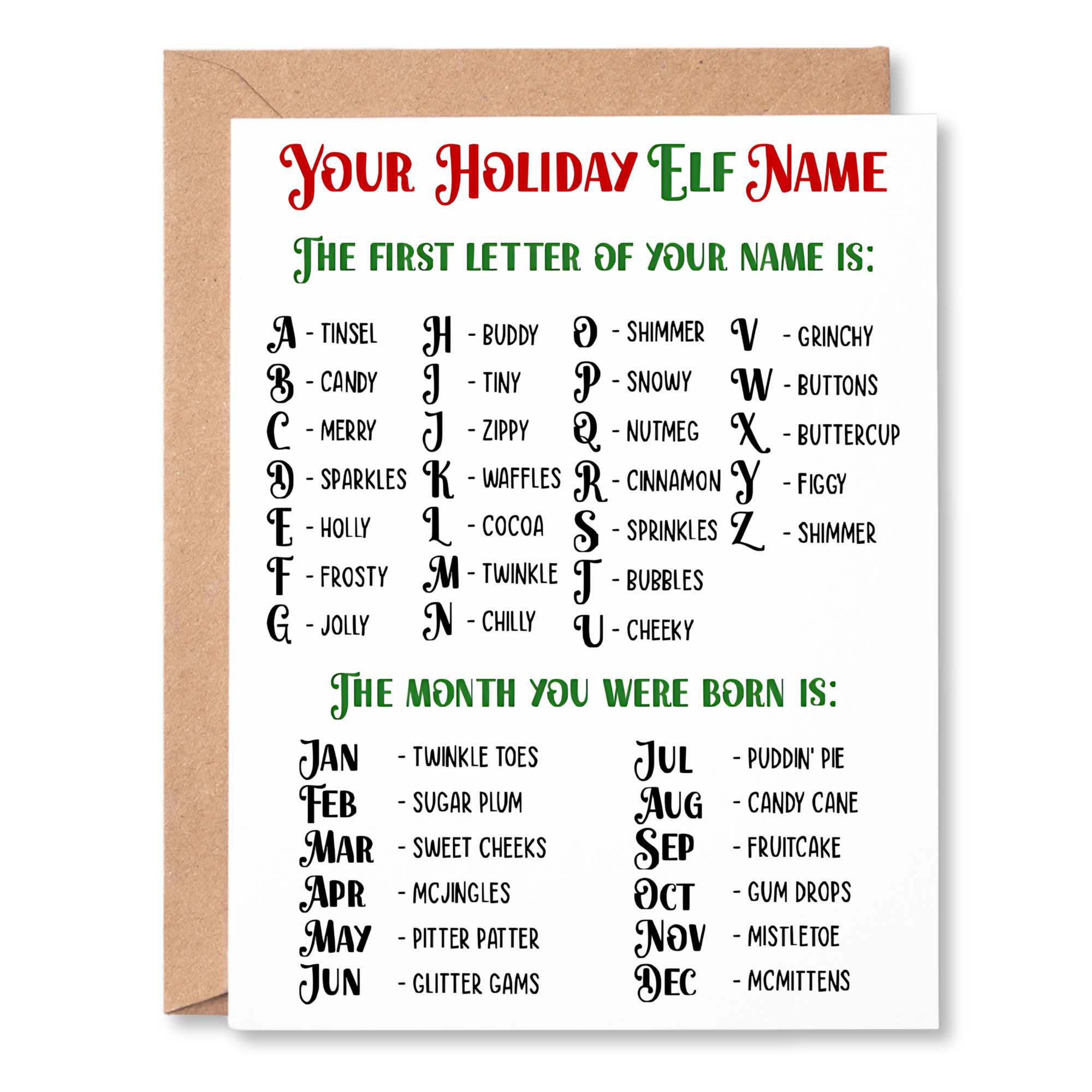 YOUR HOLIDAY ELF NAME CHRISTMAS CARD