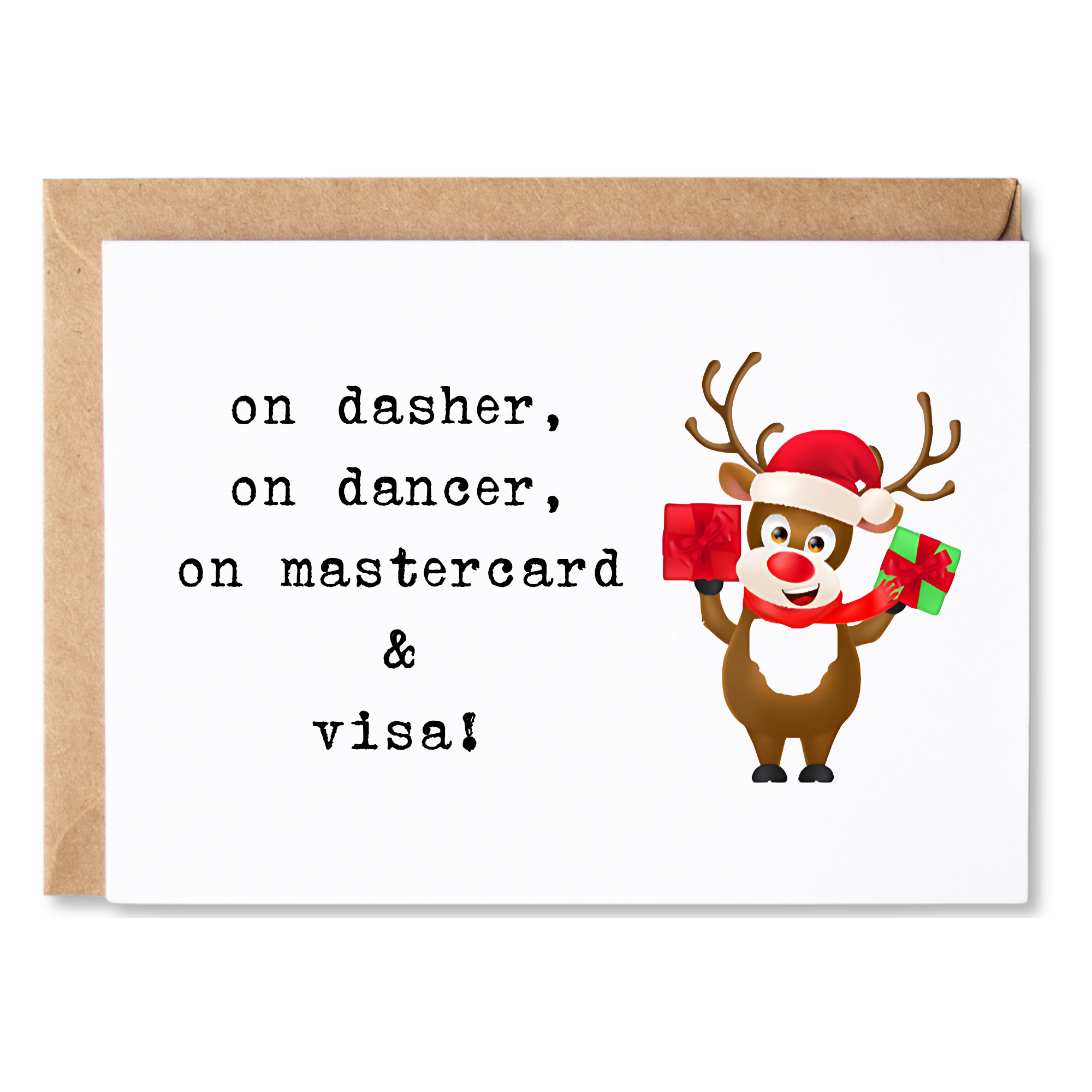 funny christmas card | on dasher, on dancer, on mastercard & visa! | blank greeting card | INK147
