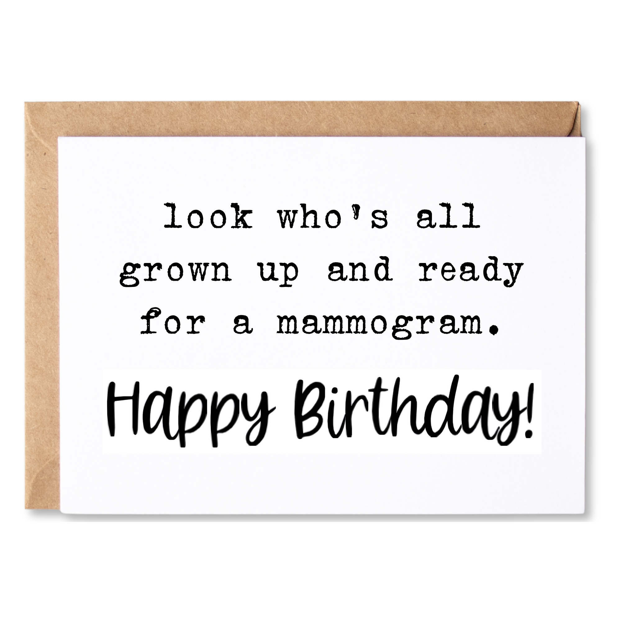 Birthday card with humorous text about a mammogram on a white background