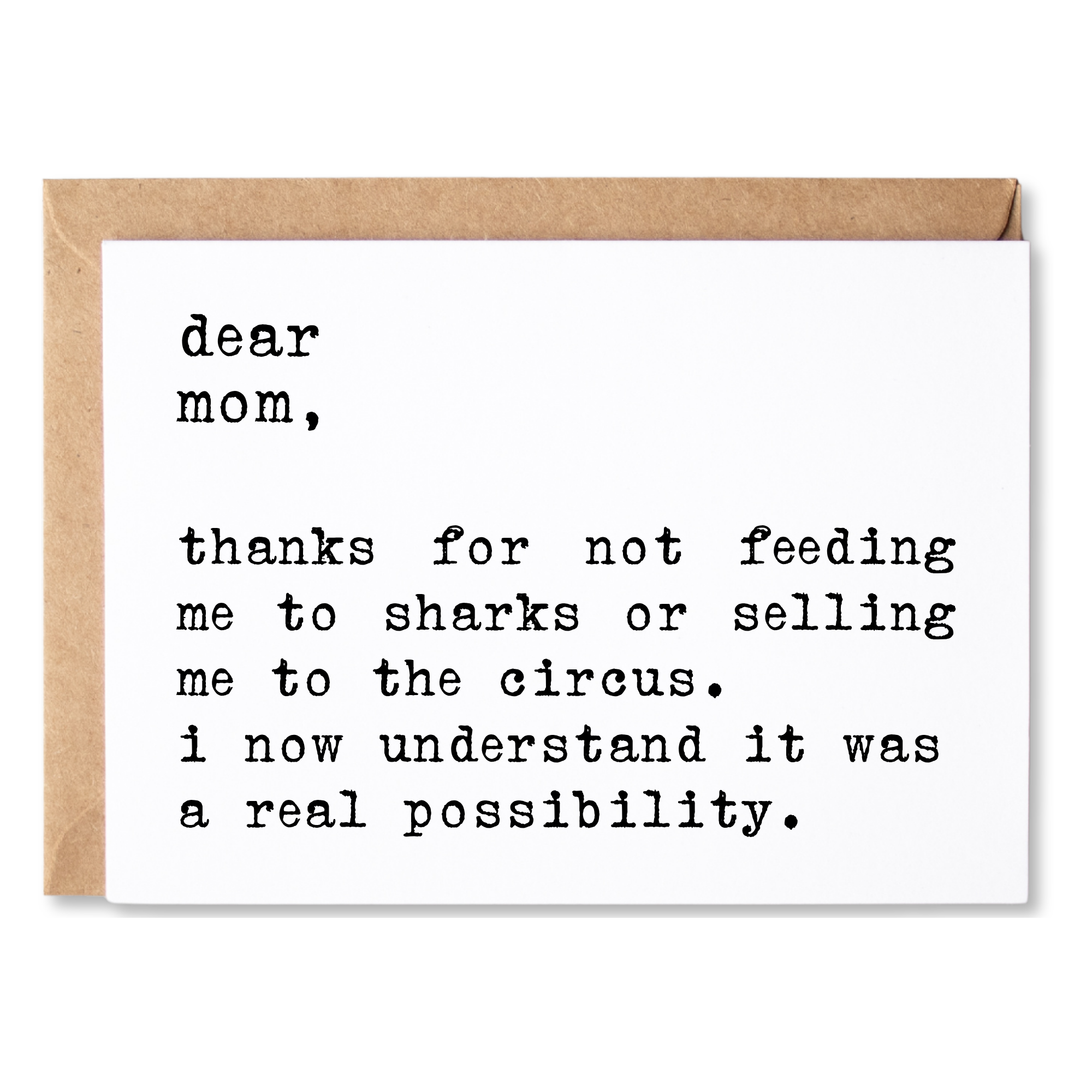 Card with humorous message to mom on a white background