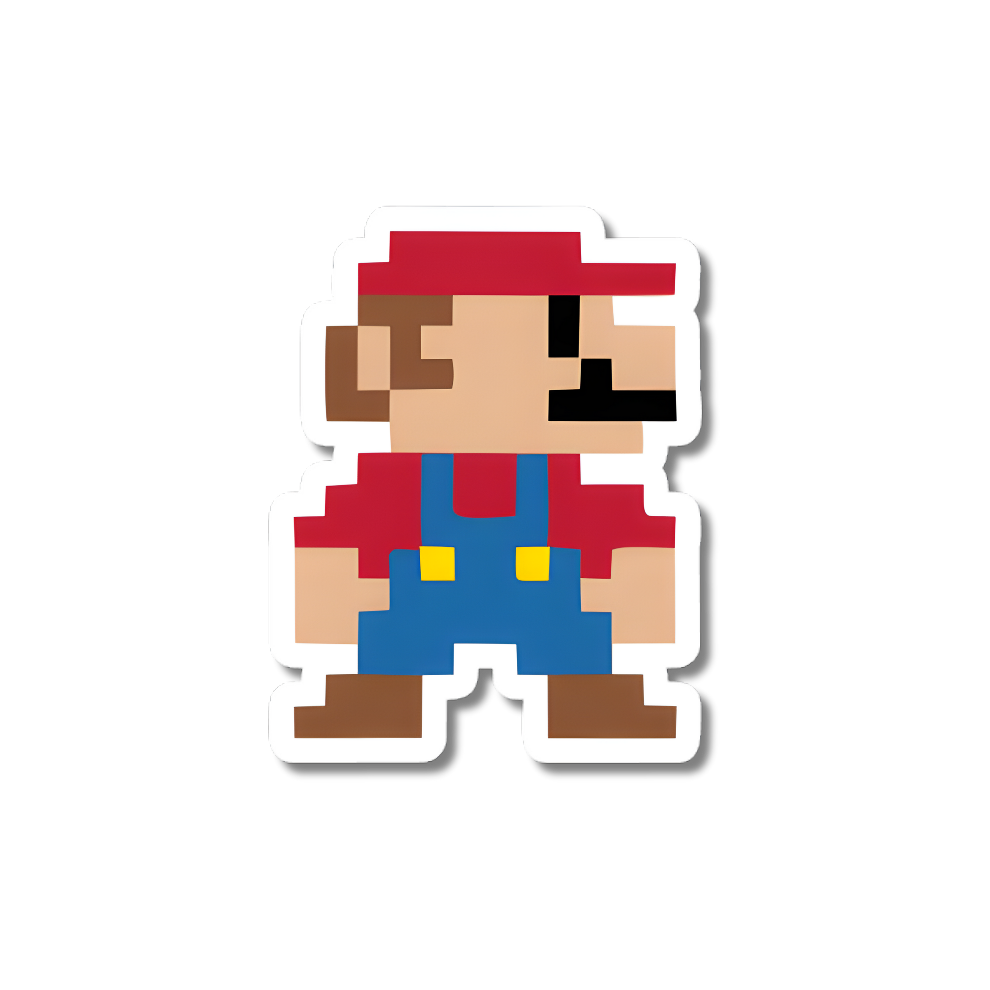 Pixelated character in red cap and blue overalls on a white background