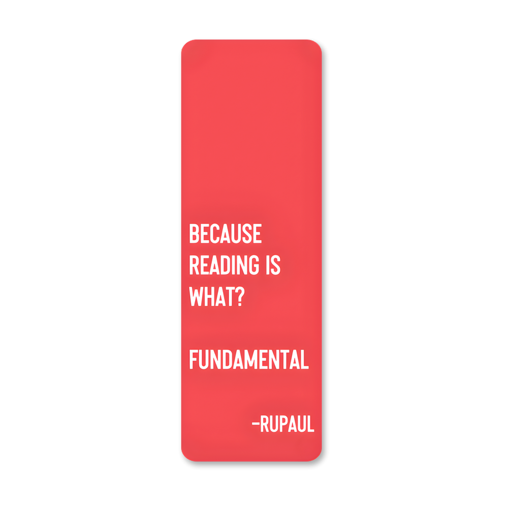 Red bookmark with white text on a white background