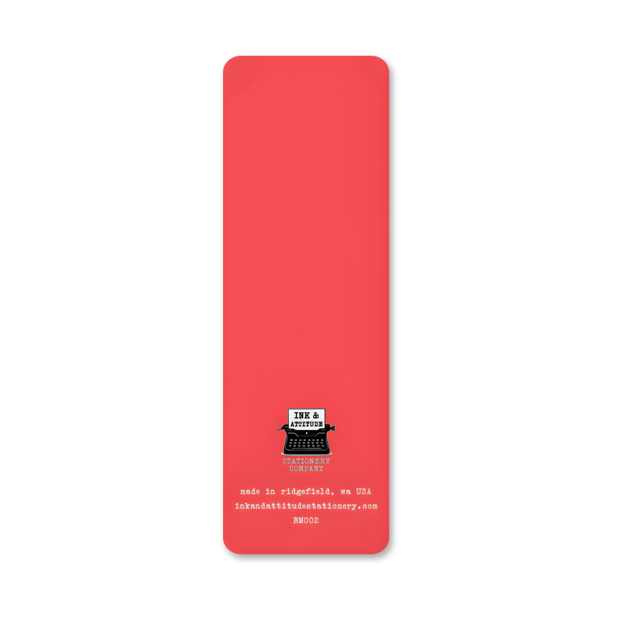 Red bookmark with a brand logo on a white background