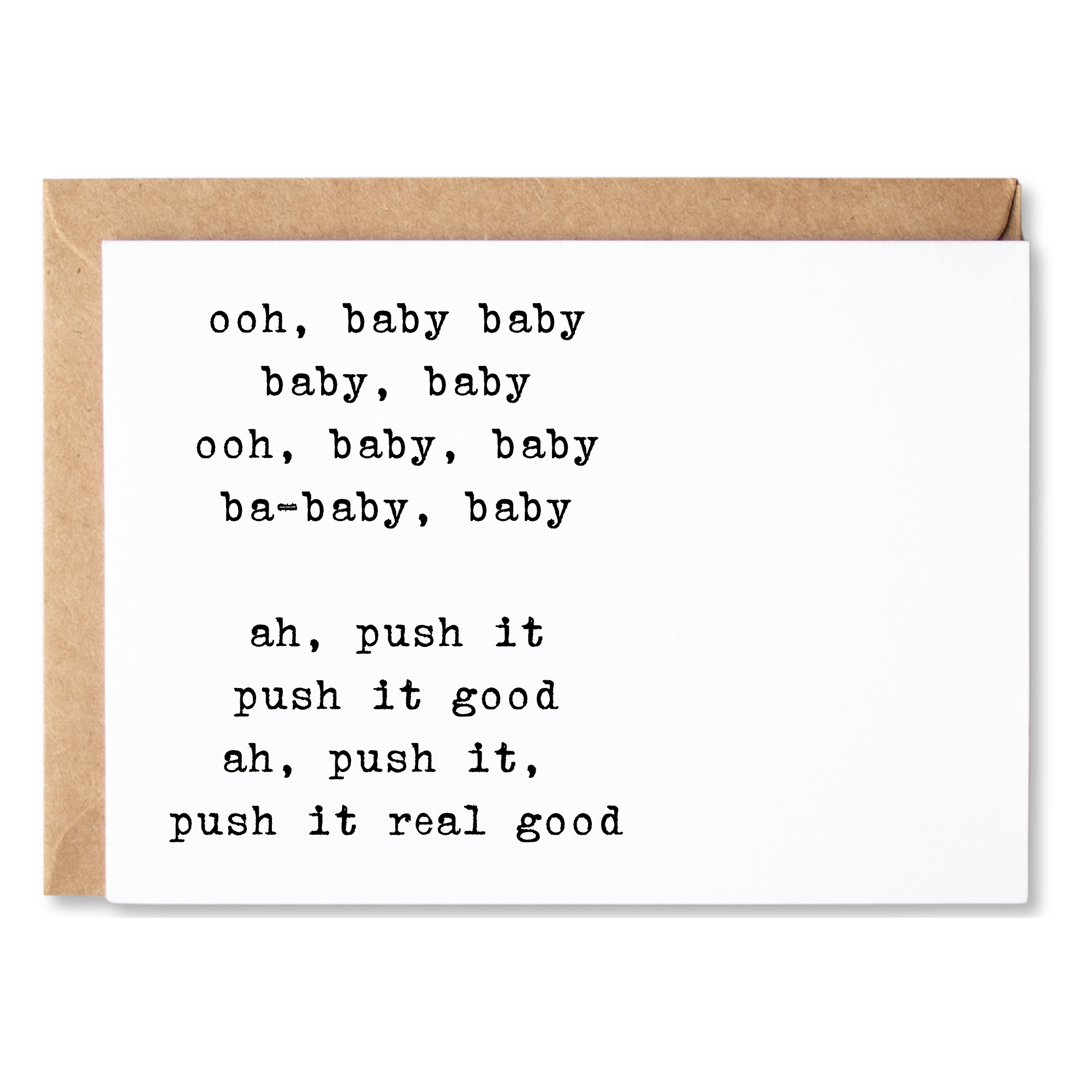 funny baby shower card | ooh baby baby, ah push it, push it good | blank greeting card | INK090