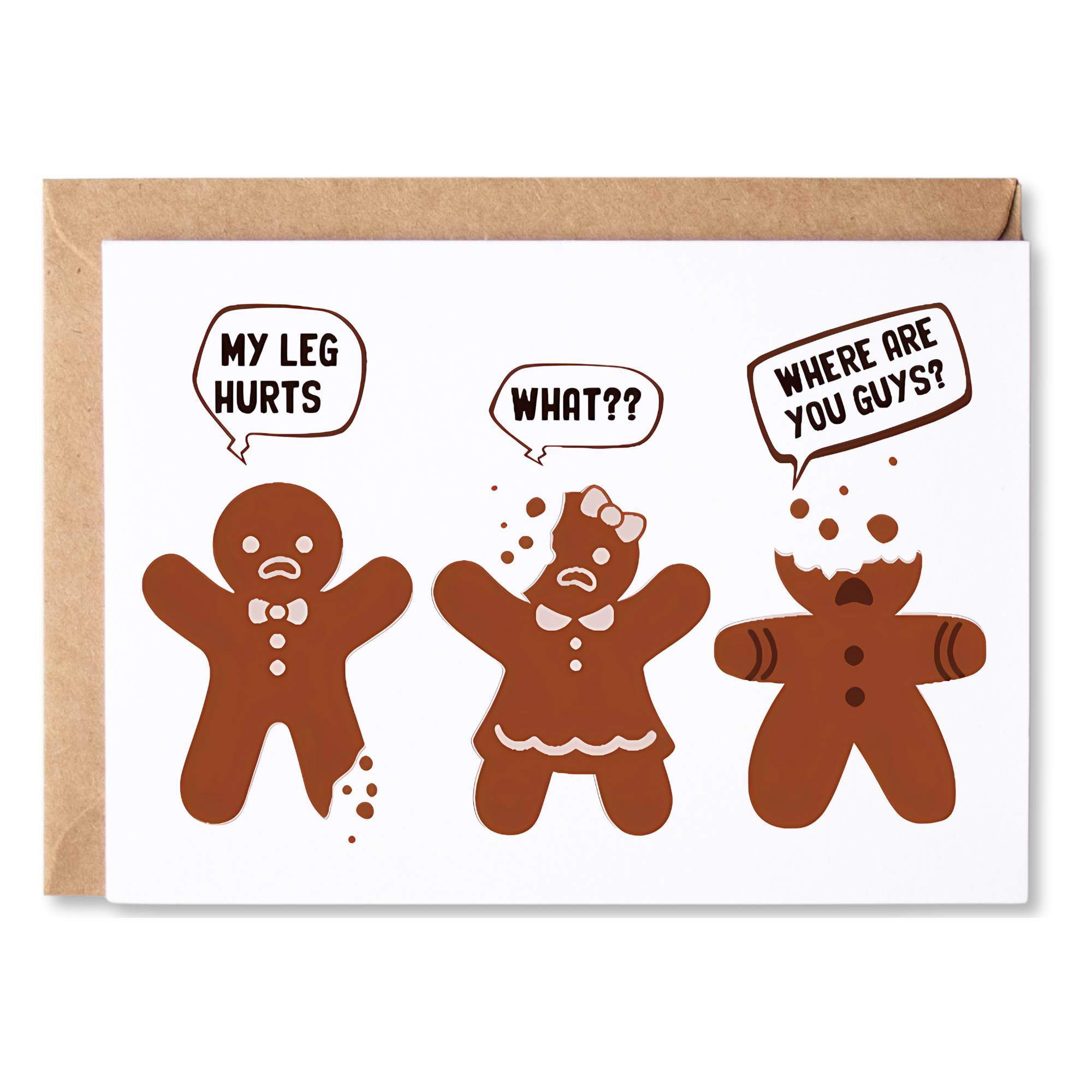 funny christmas card | bitten gingerbread men - my leg hurts! what??? where are you guys? | blank greeting card | INK143