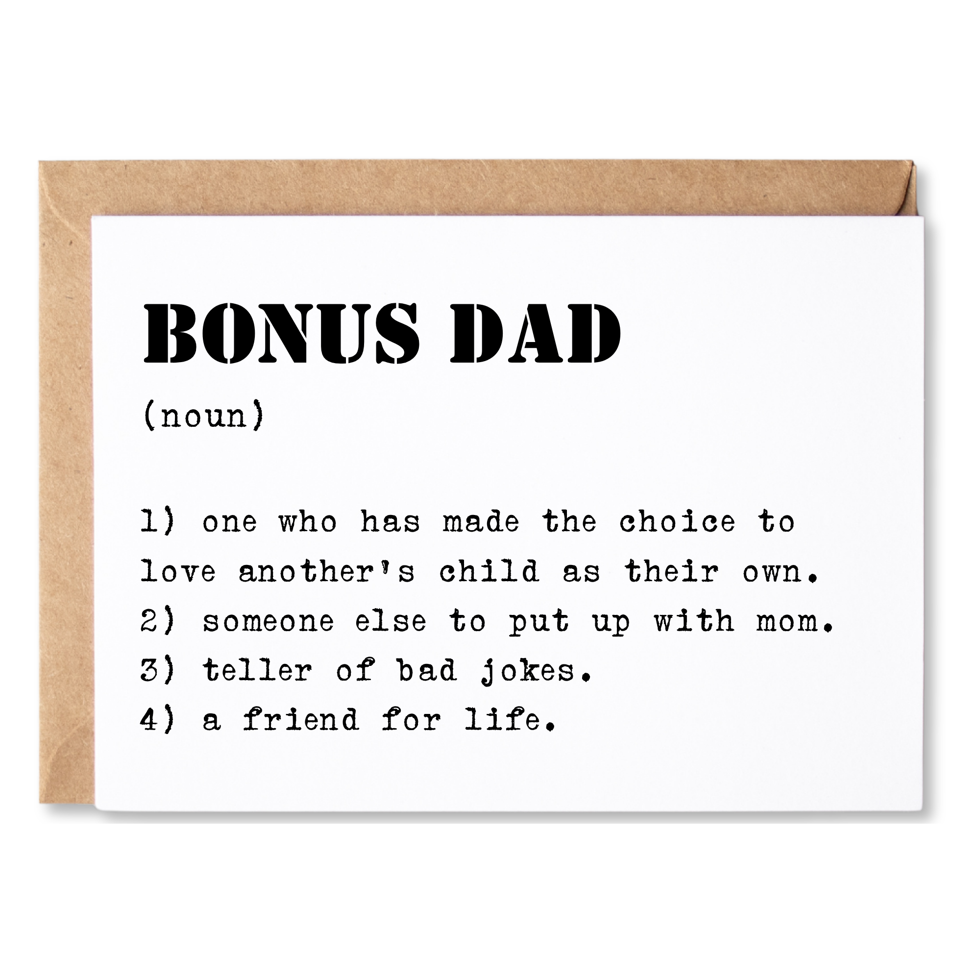 sweet stepdad/bonus dad birthday, father's day or anytime card | BONUS DAD definition. | blank greeting card | INK163