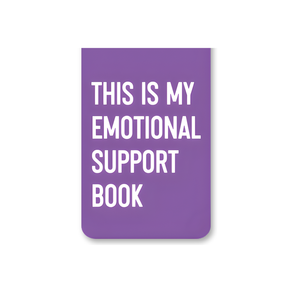 Purple notebook with 'This is my emotional support book' text on a white background
