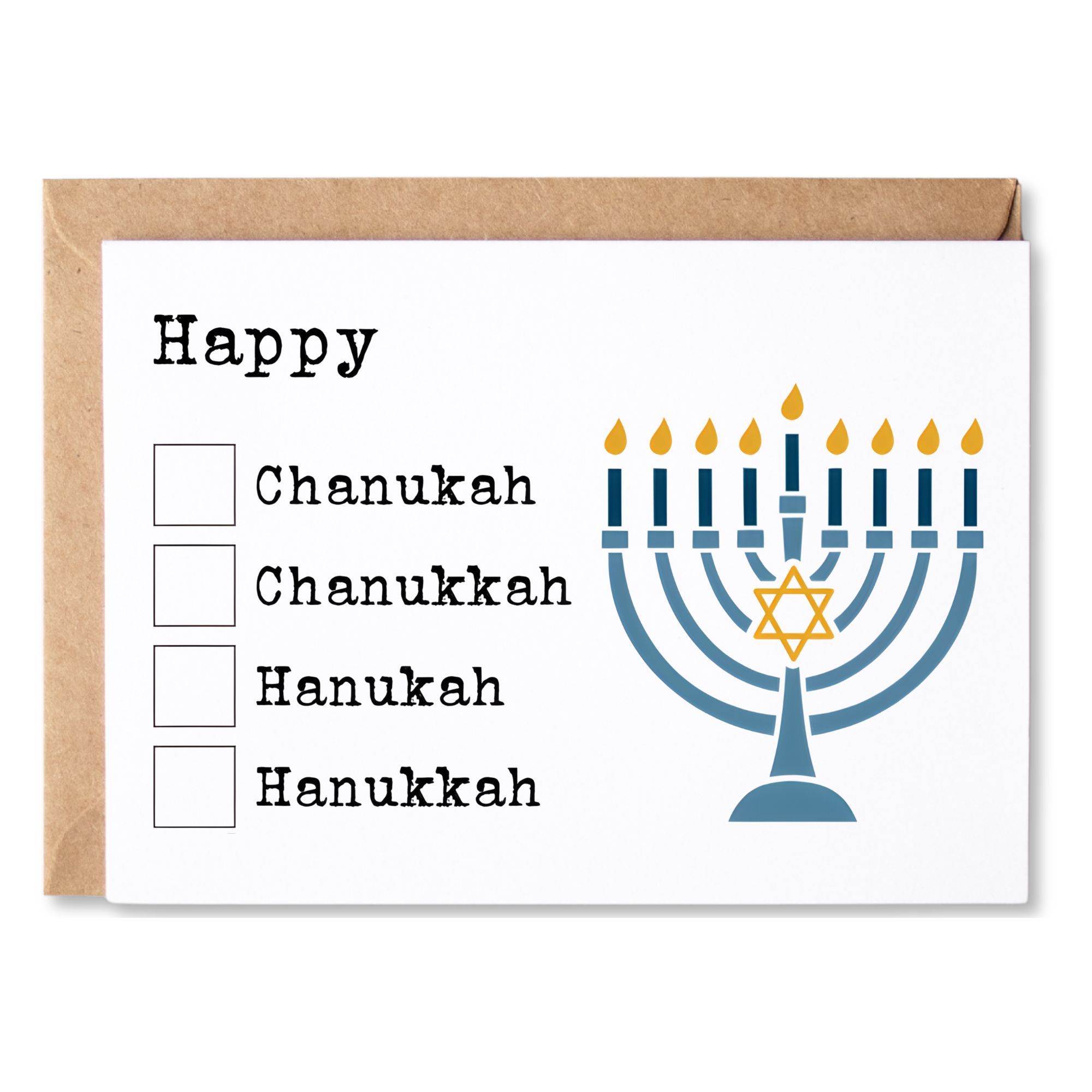 Funny holiday greeting card with checkboxes for each of the ways of spelling Hanukkah