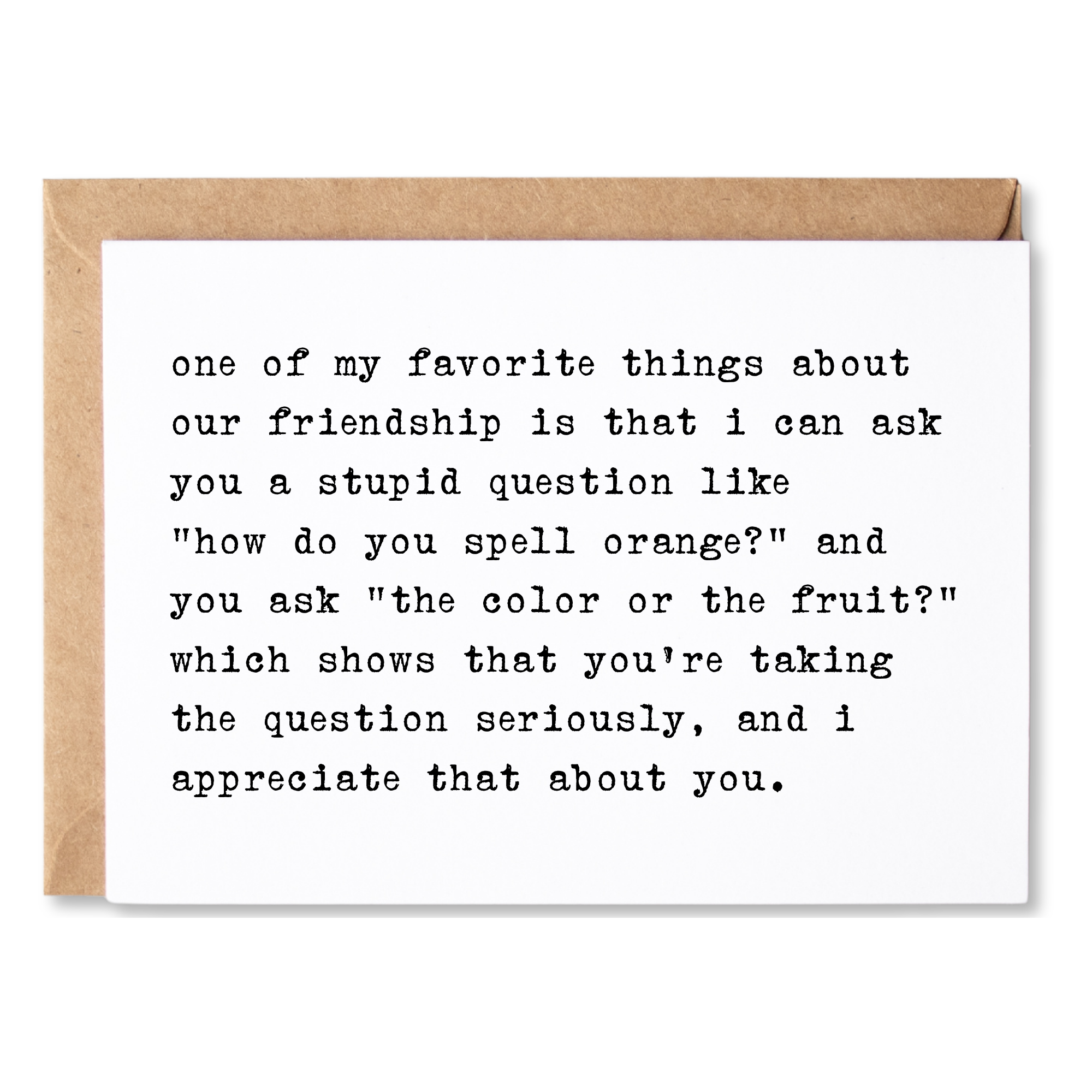 Greeting card with humorous friendship quote on a white background