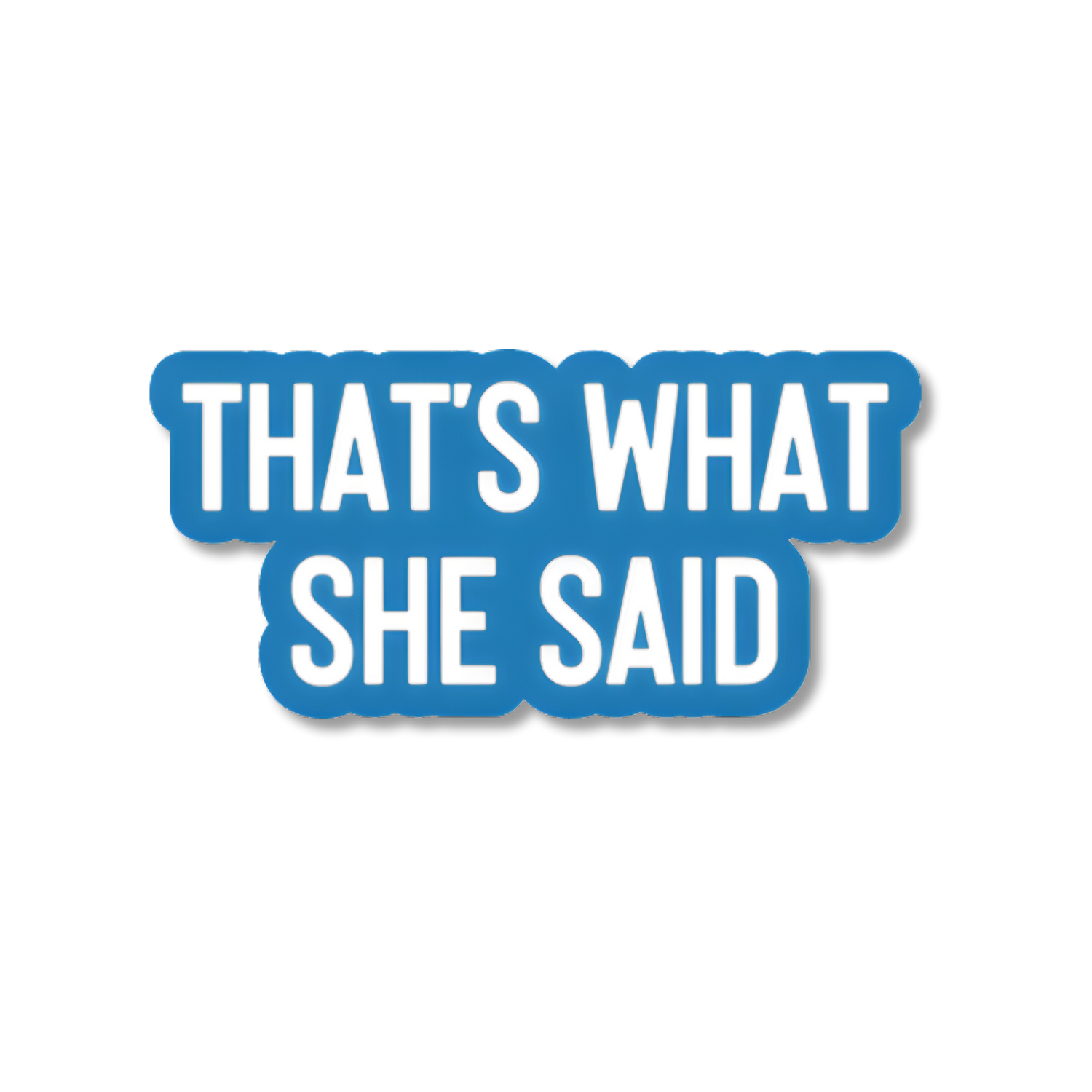 Blue and white sticker with 'THAT'S WHAT SHE SAID' text on a white background